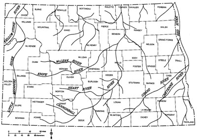 Map of North Dakota showing the drainage pattern prior to glaciation.